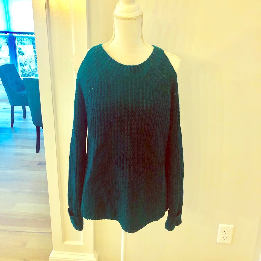 Dark teal knit cold shoulder sweater